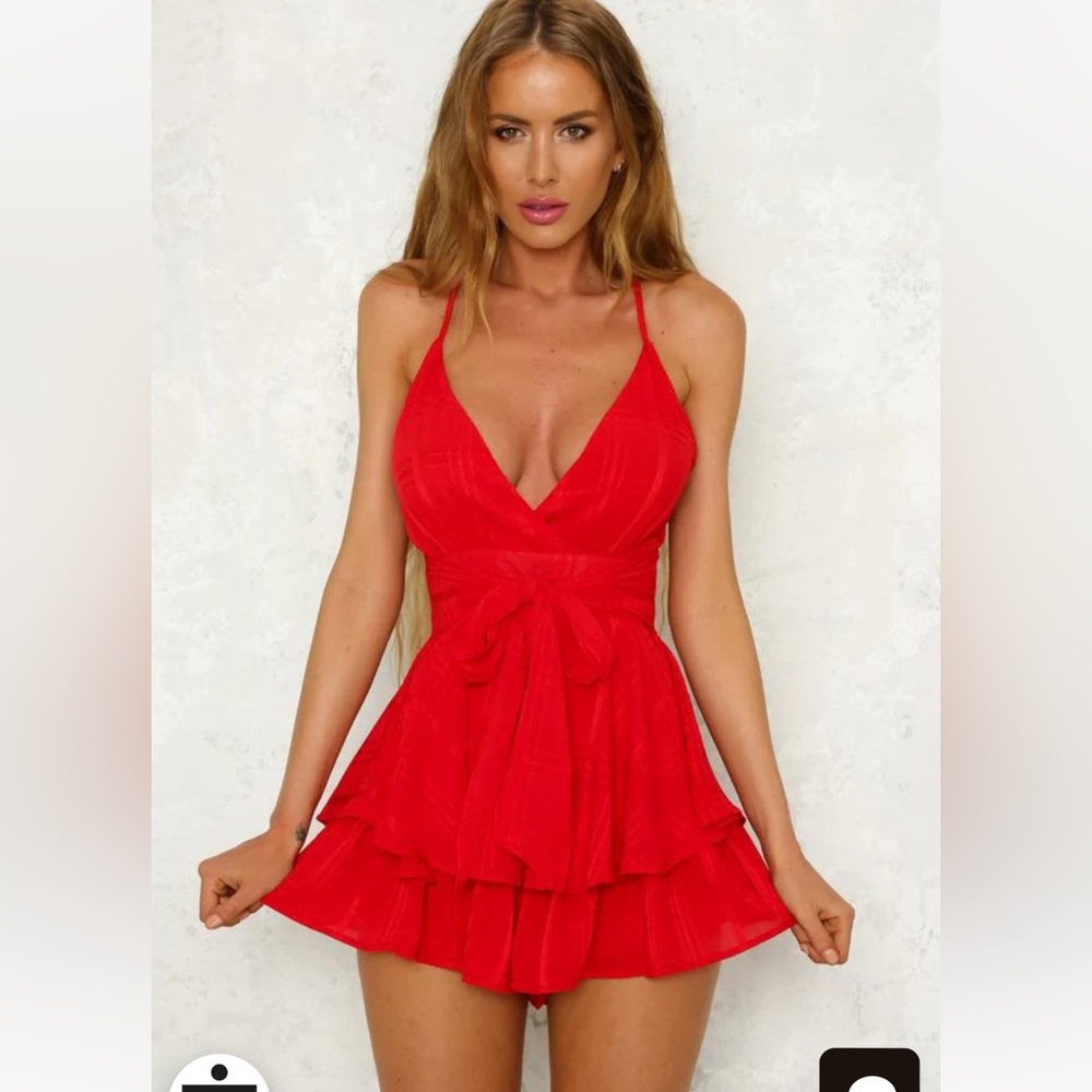 RED CHECKERED TIE-UP RUFFLE ROMPER - Picture 2 of 7